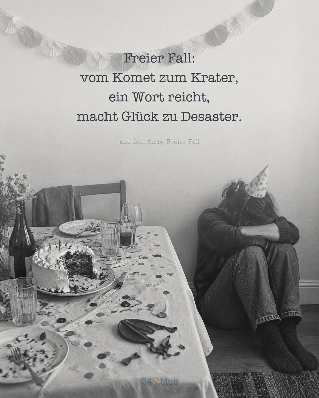 Bild zu „Freier Fall“ mit der Liedzeile: Freier Fall: vom Komet zum Krater, ein Wort reicht, macht Glück zu Desaster.