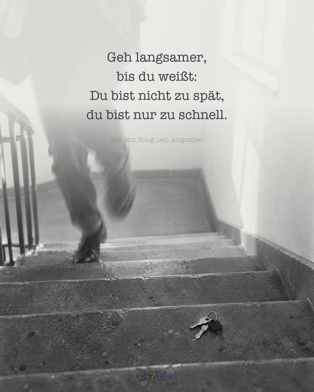 Bild zu „GEH LANGSAMER“ mit der Liedzeile: Geh langsamer, bis du weißt: Du bist nicht zu spät, du bist nur zu schnell.