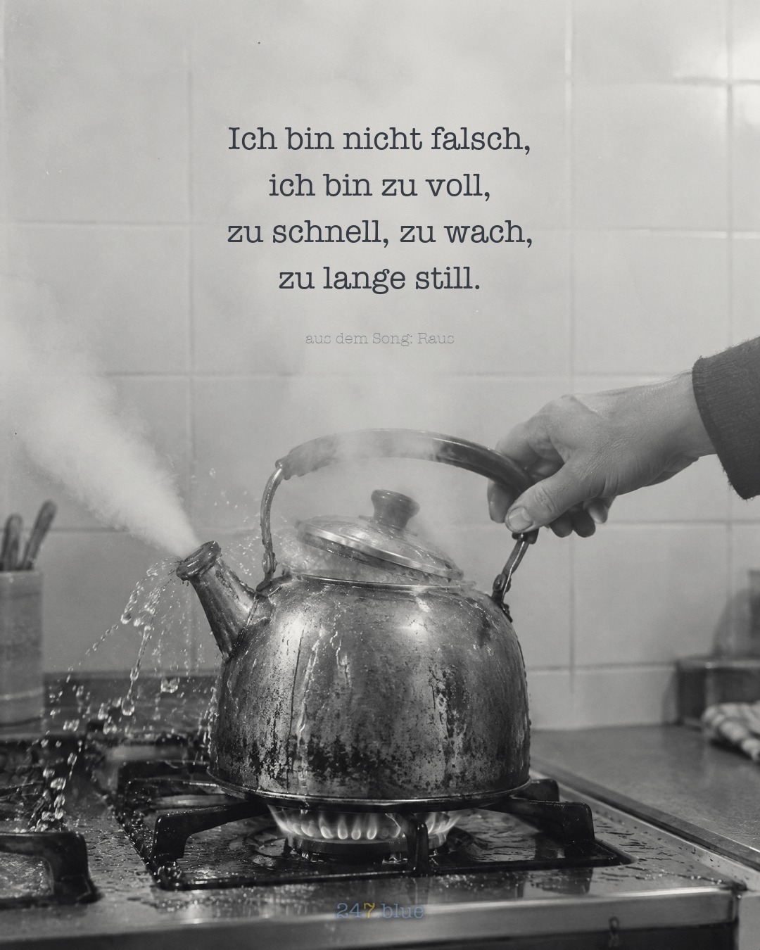 Bild zu „RAUS“ mit der Liedzeile: Ich bin nicht falsch, ich bin zu voll, zu schnell, zu wach, zu lange still.