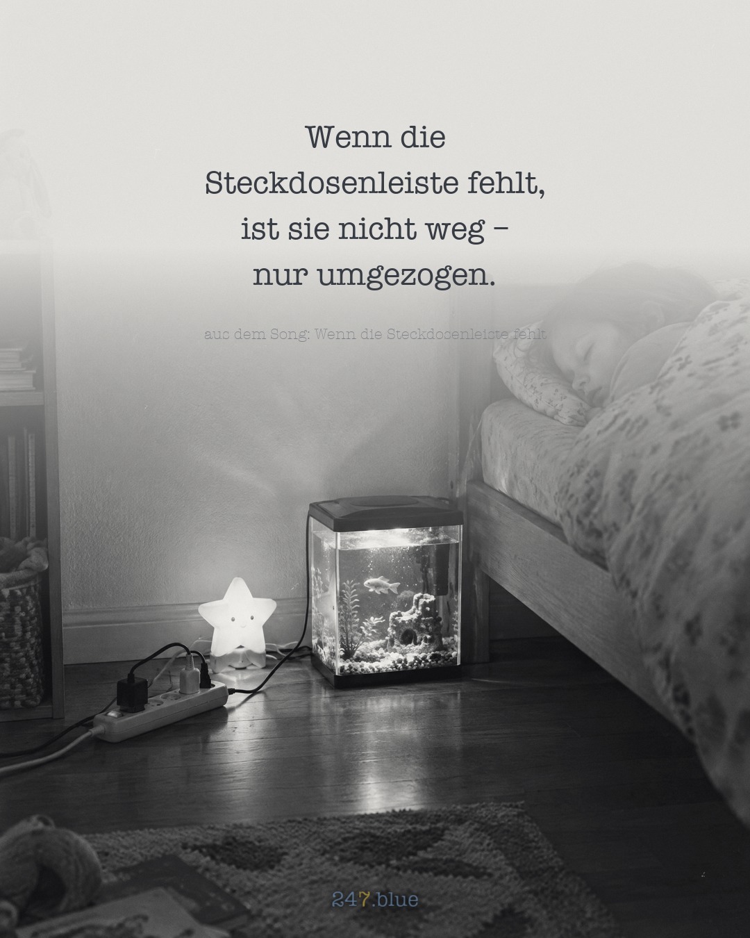 Bild zu „Wenn die Steckdosenleiste fehlt“ mit der Liedzeile: Wenn die Steckdosenleiste fehlt, ist sie nicht weg – nur umgezogen.