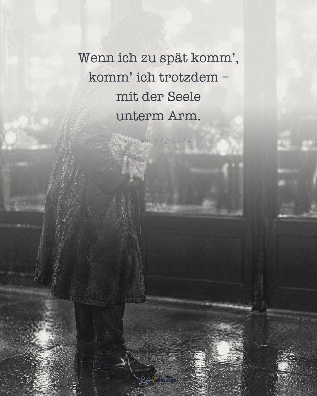 Bild zu „Zu Viel Mit Django Reinhardt“ mit der Liedzeile: Wenn ich zu spät komm’, komm’ ich trotzdem – mit der Seele unterm Arm.