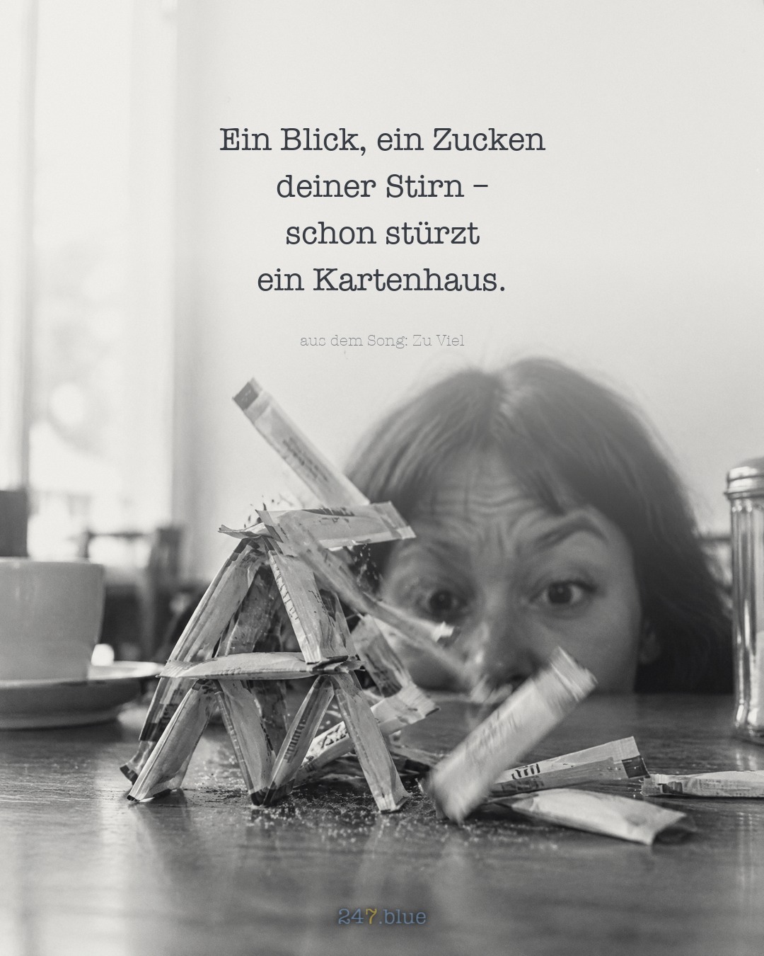 Bild zu „Zu Viel“ mit der Liedzeile: Ein Blick, ein Zucken deiner Stirn – schon stürzt ein Kartenhaus.